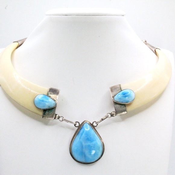 Vintage Resin Beige Sterling Silver Larimar Unique Necklace - Picture 1 of 14